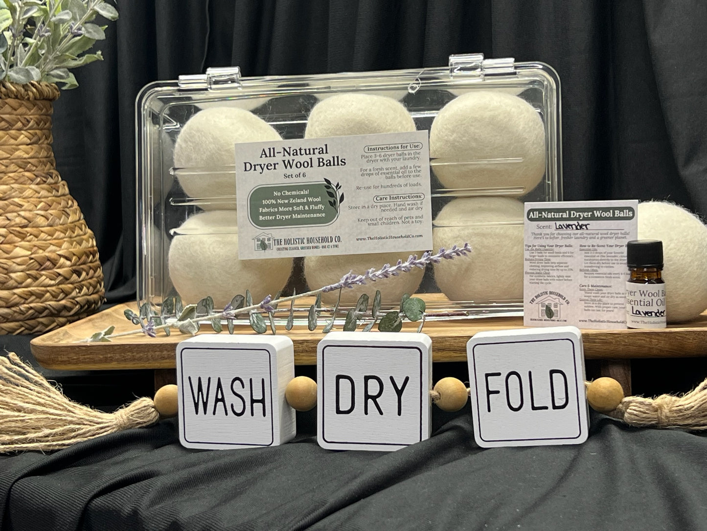 Premium Set of Six Wool Dryer Balls with Natural Scent and Sleek Storage Case